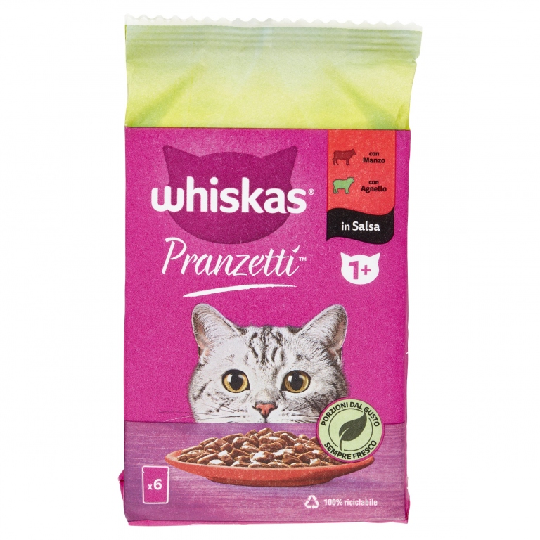 WHISKAS PRANZETTI IN SALSA 1+ ANNI MANZO AGNELLO POLLAME 6 X 50 G