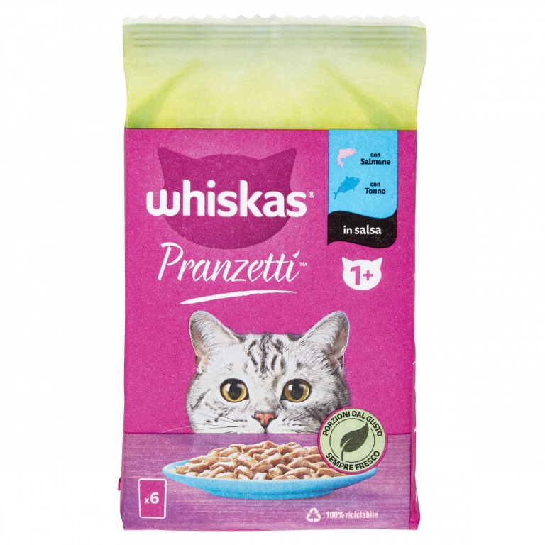 WHISKAS PRANZETTI IN SALSA 1+ ANNI TONNO PESCE BIANCO SALMONE 6 X 50 G
