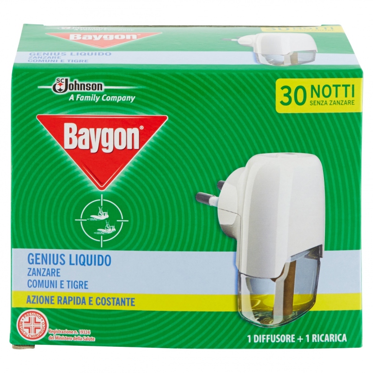 BAYGON GENIUS LIQUIDO ZANZARE COMUNI E TIGRE 1 DIFFUSORE + 1 RICARICA 21 ML