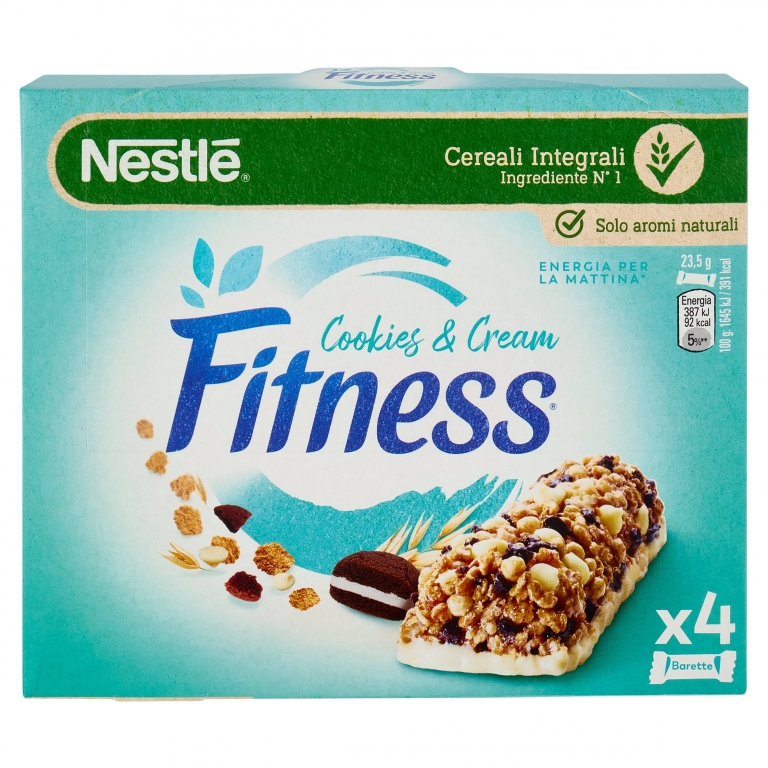 FITNESS COOKIES&CREAM BARRETTA DI CEREALI INTEGRALI BISCOTTI AL CACAO E CIOCCOLATO BIANCO 4 PEZZI