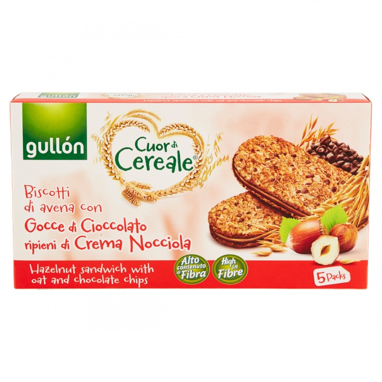 GULLON CUOR DI CEREALE BISCOTTI DI AVENA CON GOCCE DI CIOCCOLATO RIPIENI DI CREMA NOCCIOLA 5 X 44 G