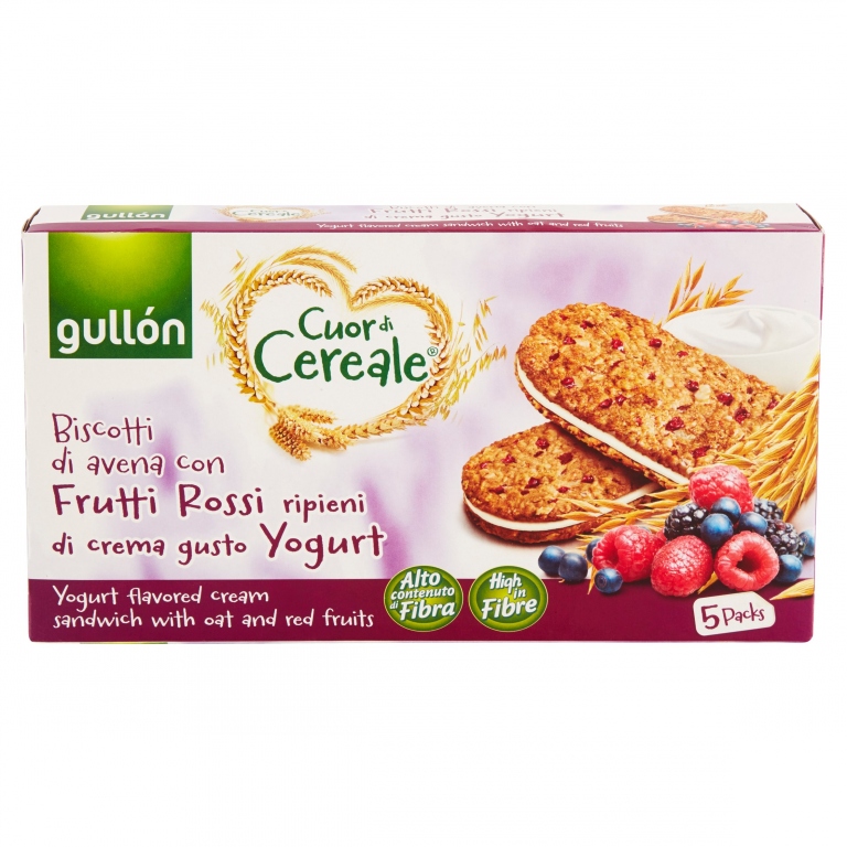GULLON CUOR DI CEREALE BISCOTTI DI AVENA CON FRUTTI ROSSI RIPIENI DI CREMA GUSTO YOGURT 5X44G