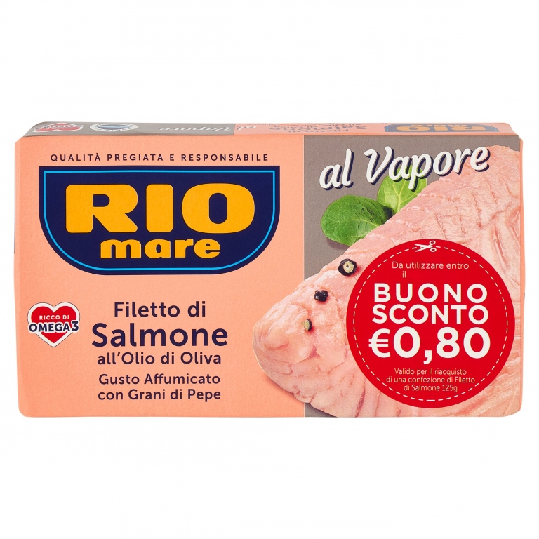 RIO MARE FILETTO DI SALMONE GUSTO AFFUMICATO ALL'OLIO DI OLIVA CON GRANI DI PEPE AL VAPORE 125 G