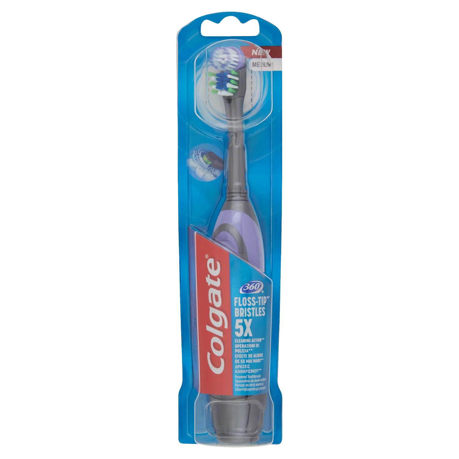 COLGATE SPAZZOLINO A BATTERIA 360 FLOSS-TIP 5X, CON PULISCI LINGUA PER RIMUOVERE I BATTERI, 1 PEZZO
