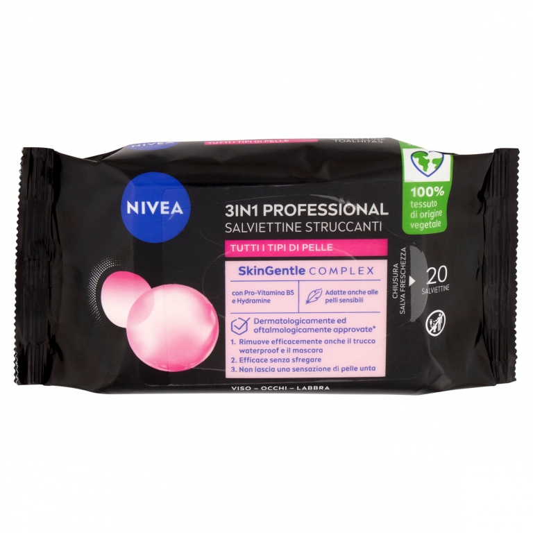 NIVEA MICELLAIR PROFESSIONAL SALVIETTINE STRUCCANTI PER TRUCCO WATERPROOF E LONG LASTING 20 PZ