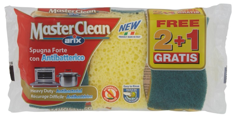 MASTERCLEAN SPUGNA FORTE CON ANTIBATTERICO 2 PZ + 1 GRATIS