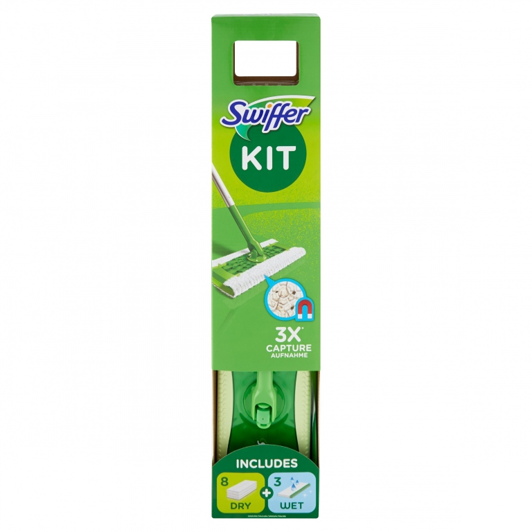 SWIFFER STARTER KIT PREASSEMBLATO-SCOPA CON 1MANICO+8PANNI CATTURAPOLVERE+3PANNI UMIDI LAVAPAVIMENTI