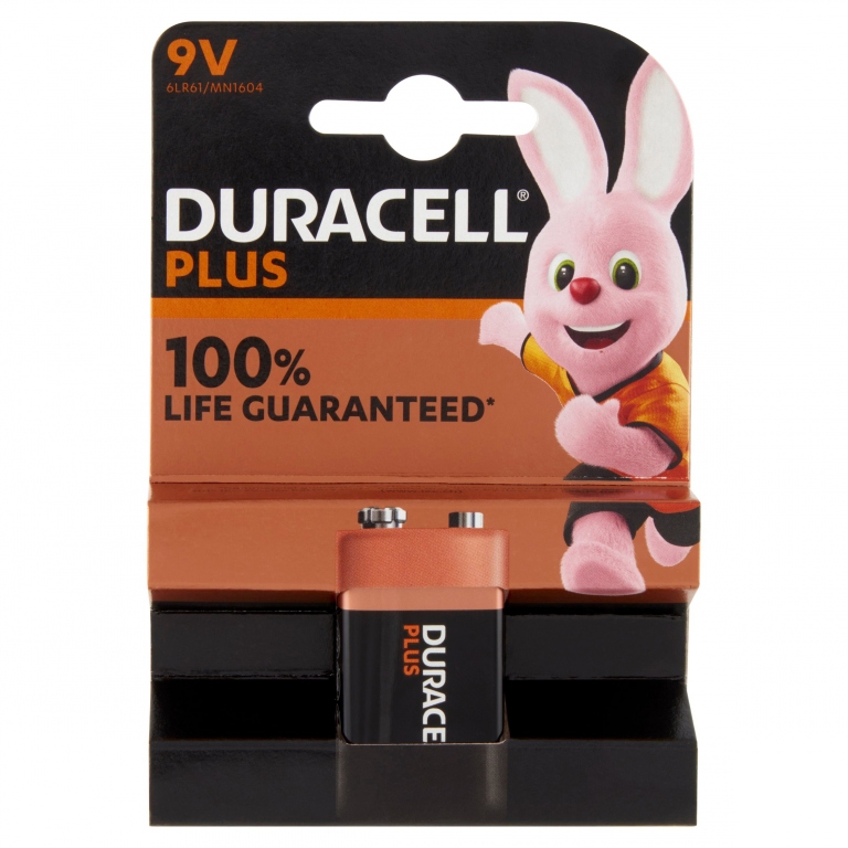 DURACELL PLUS 9V BATTERIA ALCALINA CONFEZIONE DA 1 9V 6LR61 MX1604 IDEALE PER RILEVATORE DI FUMO