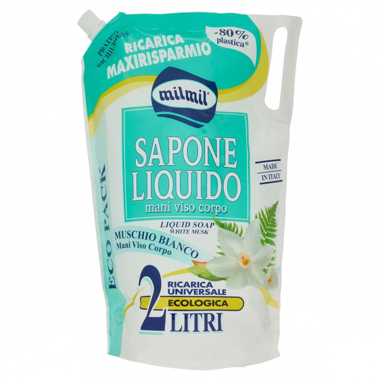 MILMIL FRESCA VITALITA SAPONE LIQUIDO MANI VISO CORPO MORBIDEZZA NATURALE RICARICA 2000 ML MUSCHIO BIANCO