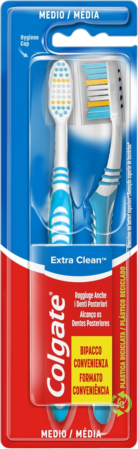COLGATE SPAZZOLINO EXTRA CLEAN, RIMUOVE I BATTERI CHE CAUSANO L'ALITO CATTIVO, SETOLE MEDIE, 2 PEZZI