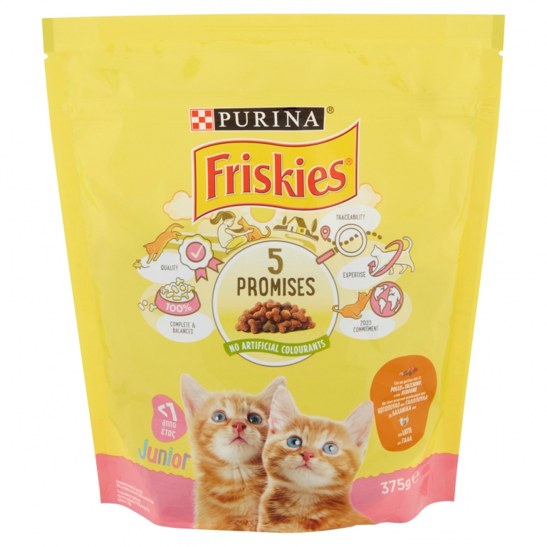 PURINA FRISKIES GATTO CROCCHETTE JUNIOR CON POLLO, CON VERDURE E CON LATTE 375G
