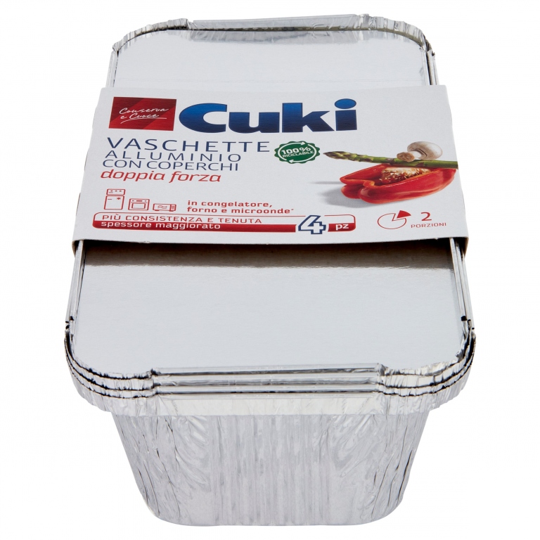 CUKI CONSERVA E CUOCE VASCHETTE ALLUMINIO CON COPERCHI 2 PORZIONI - 4 PZ (R62)