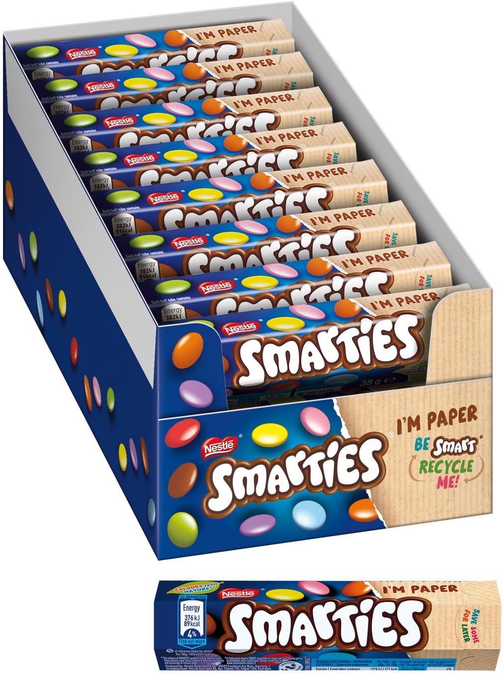 NESTLE SMARTIES CONFETTI RIPIENI DI CIOCCOLATO AL LATTE CARTONE 36 TUBI DA 38G