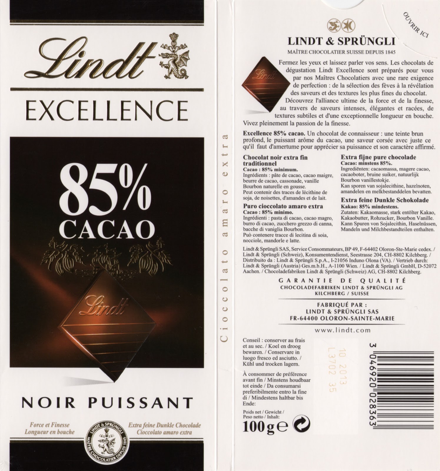 LINDT EXCELLENCE 85% CACAO FONDENTE DECISO 100 G