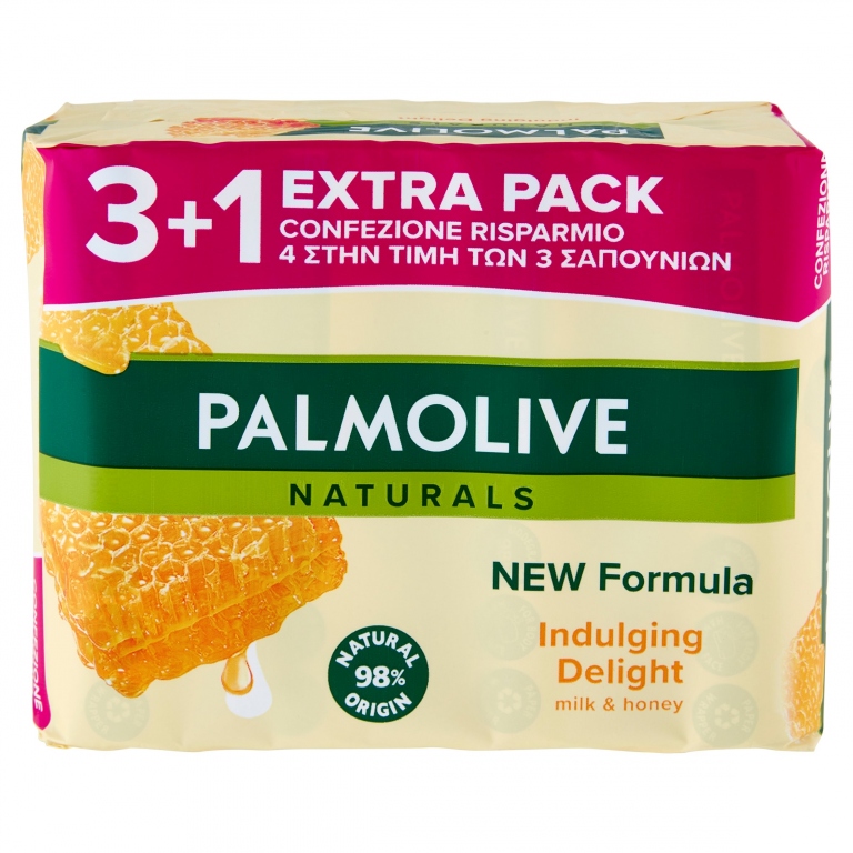 PALMOLIVE SAPONE DA TOILETTE NATURALS LATTE & MIELE, INDULGING DELIGHT, RISPARMIO 3+1, 4X90G