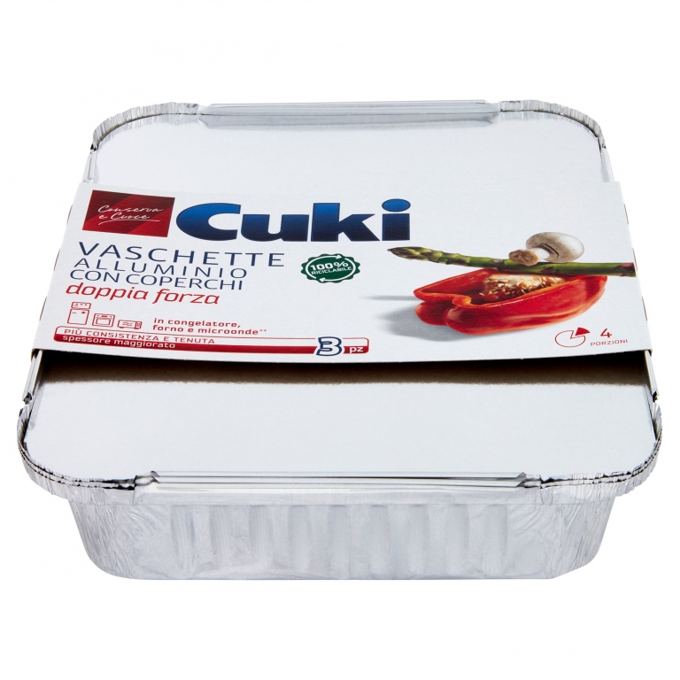 CUKI CONSERVA E CUOCE VASCHETTE ALLUMINIO CON COPERCHI 4PORZIONI - 3 PZ (R75)