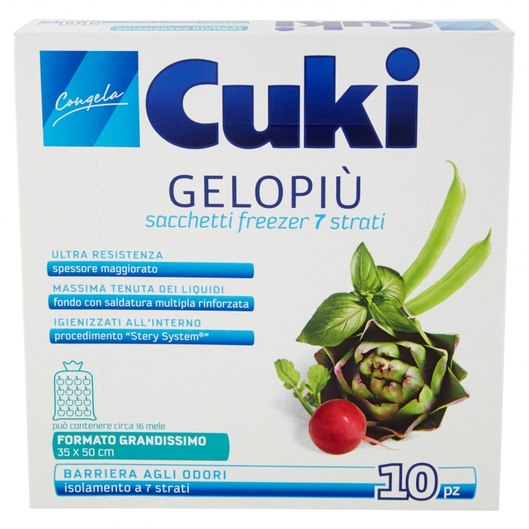 CUKI CONGELA GELOPIU SACCHETTI FREEZER 7 STRATI FORMATO GRANDISSIMO 35 X 50 CM 10 PZ